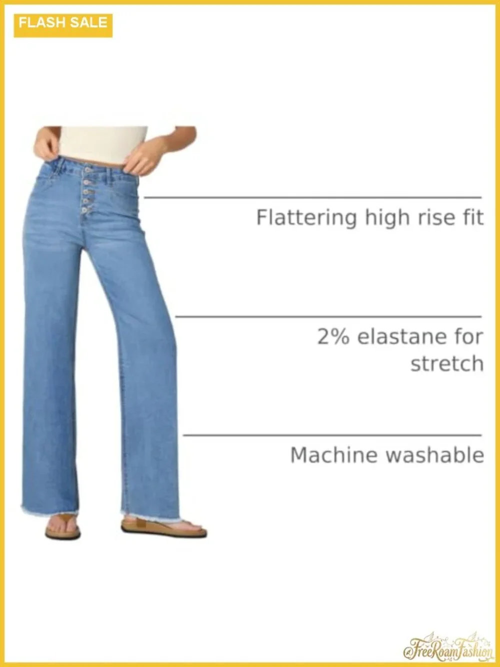 High Waisted Wide Leg Stretchy Jeans with Button Fly and Raw Hem
